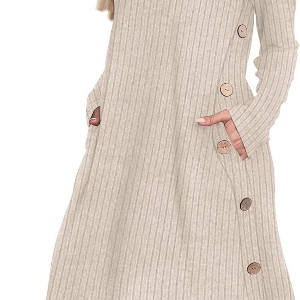 Fall Winter Long Sleeve Crew Neck Tunic Dress Pockets Casual Chic